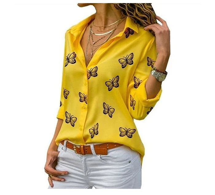 Elegant Women Butterfly Print Loose Fit Long Sleeve Blouse with Turn Down Collar Casual Oversized Office Shirt for Spring and Autumn
