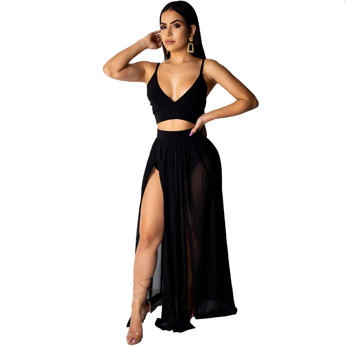 Sexy Two Piece Dress Set With Chiffon Straps V Neck