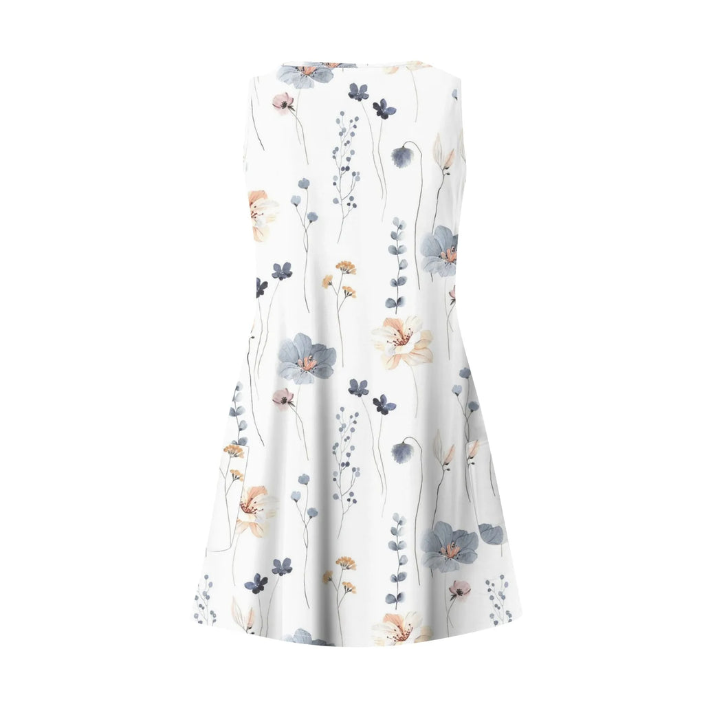 Floral Print Beach Dress Sleeveless V Neck Mini With Pockets