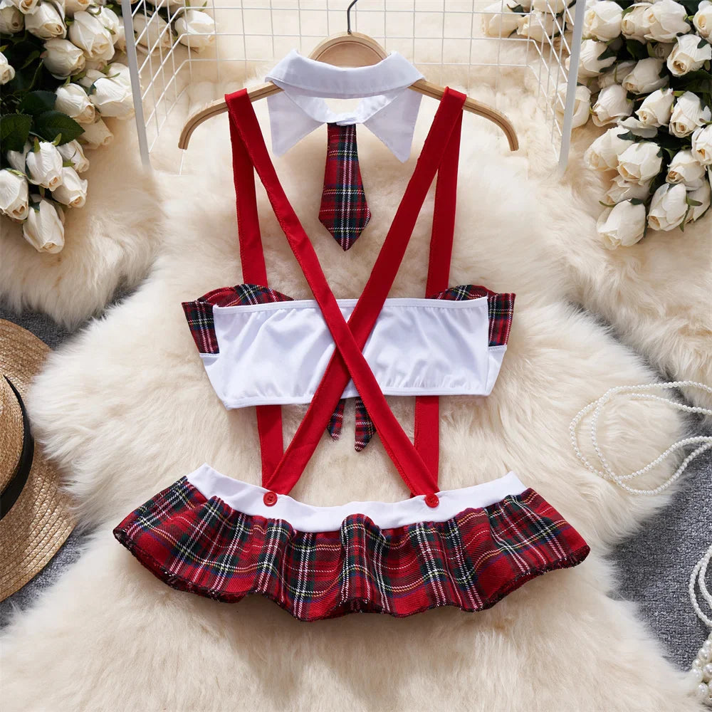 Sexy Student Cosplay Lingerie Set Hollow Cross Strap Crop Top with Mini Pleated Plaid Skirt Women's Uniform Pajama Costume