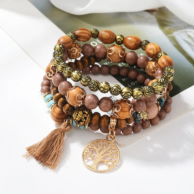 4Pcs Bohemian Tree Of Life Beaded Bracelet Set For Women Handmade Wood Beads Boho Jewelry