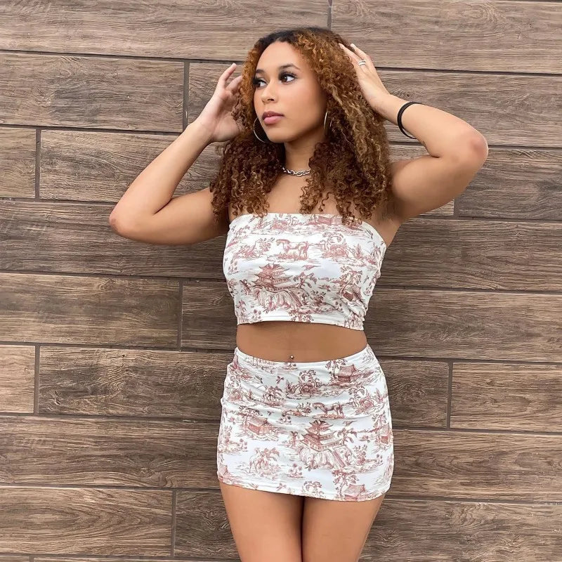 Women's Summer Two-Piece Set Sleeveless Strapless Retro Print Top and High Waist Slim Mini Skirt Streetwear Outfit