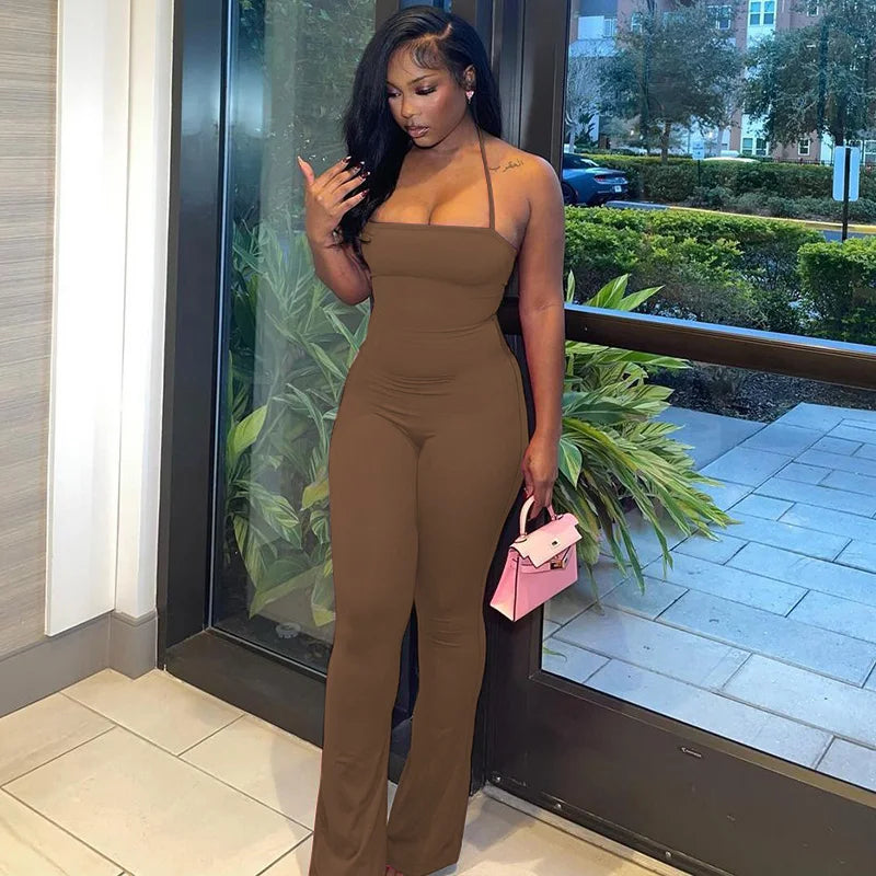 Sleeveless Halter Backless Bodycon Jumpsuit with Flare Pants Casual Rompers for Women Streetwear Festival Outfit