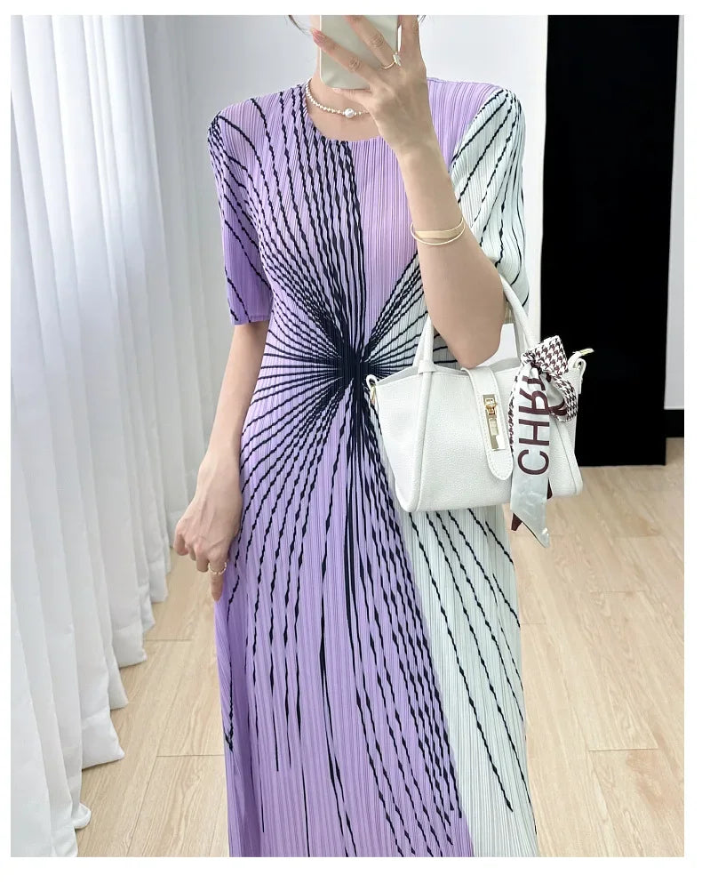 Women Pleated Dress Black White Print O Neck Short Sleeve