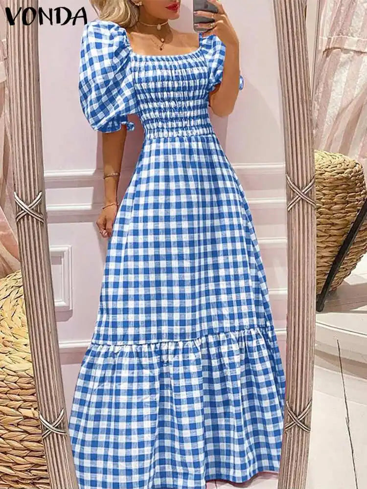 Boho Plaid Maxi Dress With Short Puff Sleeve For Summer