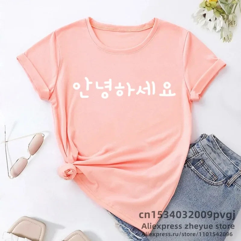 Korean Hangul Annyeonghaseyo Graphic T-Shirt for Women Kpop Fashion Short Sleeve Kawaii Summer Tee
