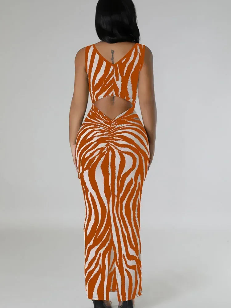 Zebra Print Bodycon Maxi Dress Ruched Sleeveless Party