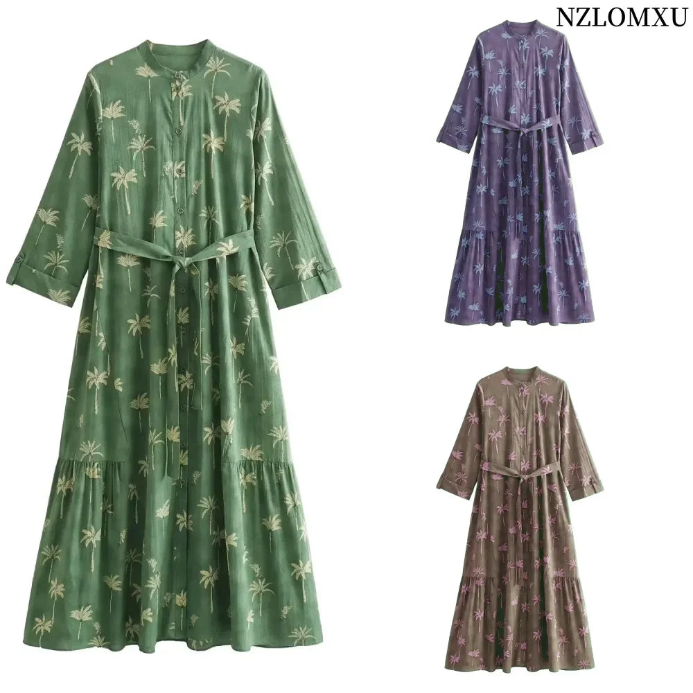 Printed Belted Long Sleeve Shirt Dress Chic Spring Women