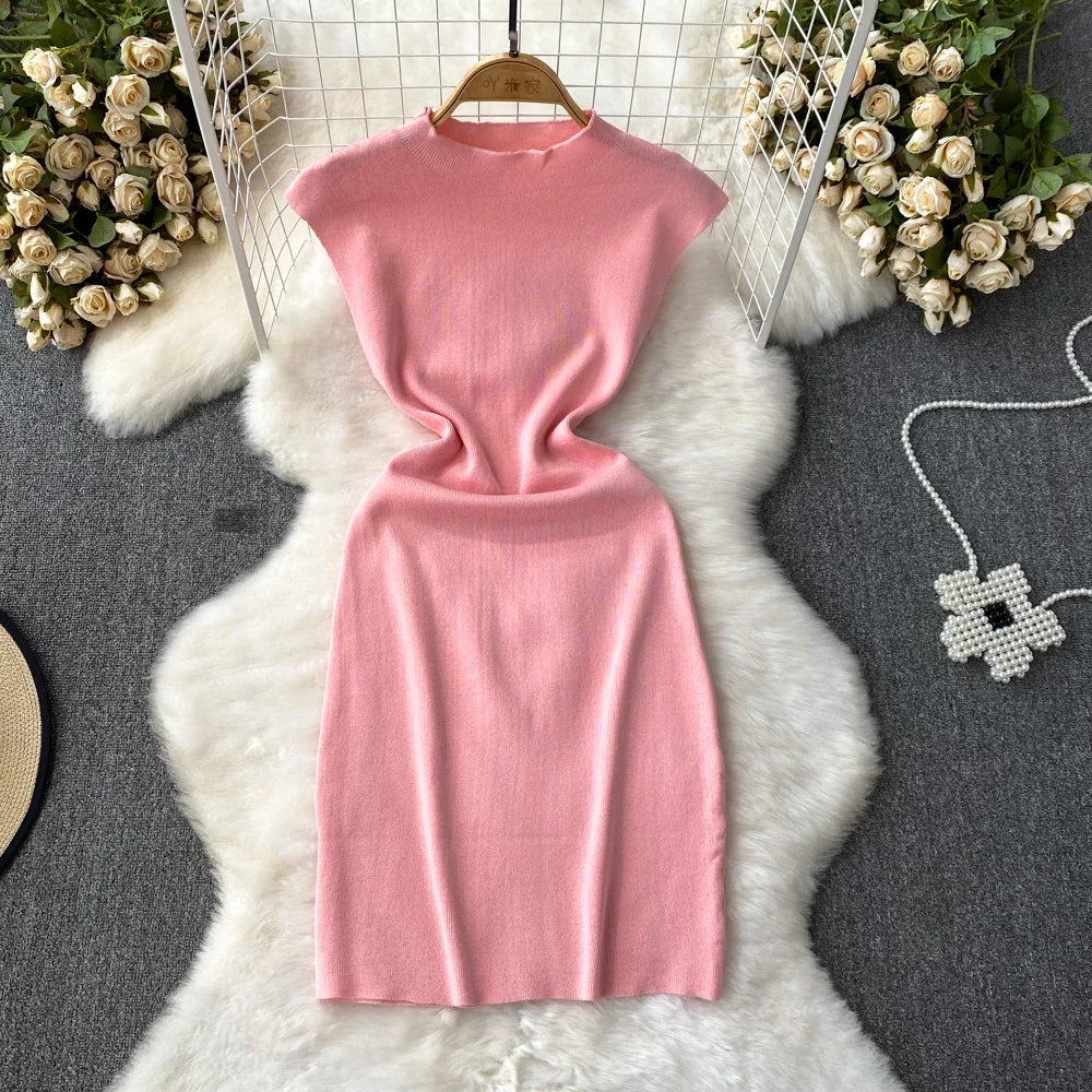 Pink Backless Summer Knit Bodycon Beach Dress for Women
