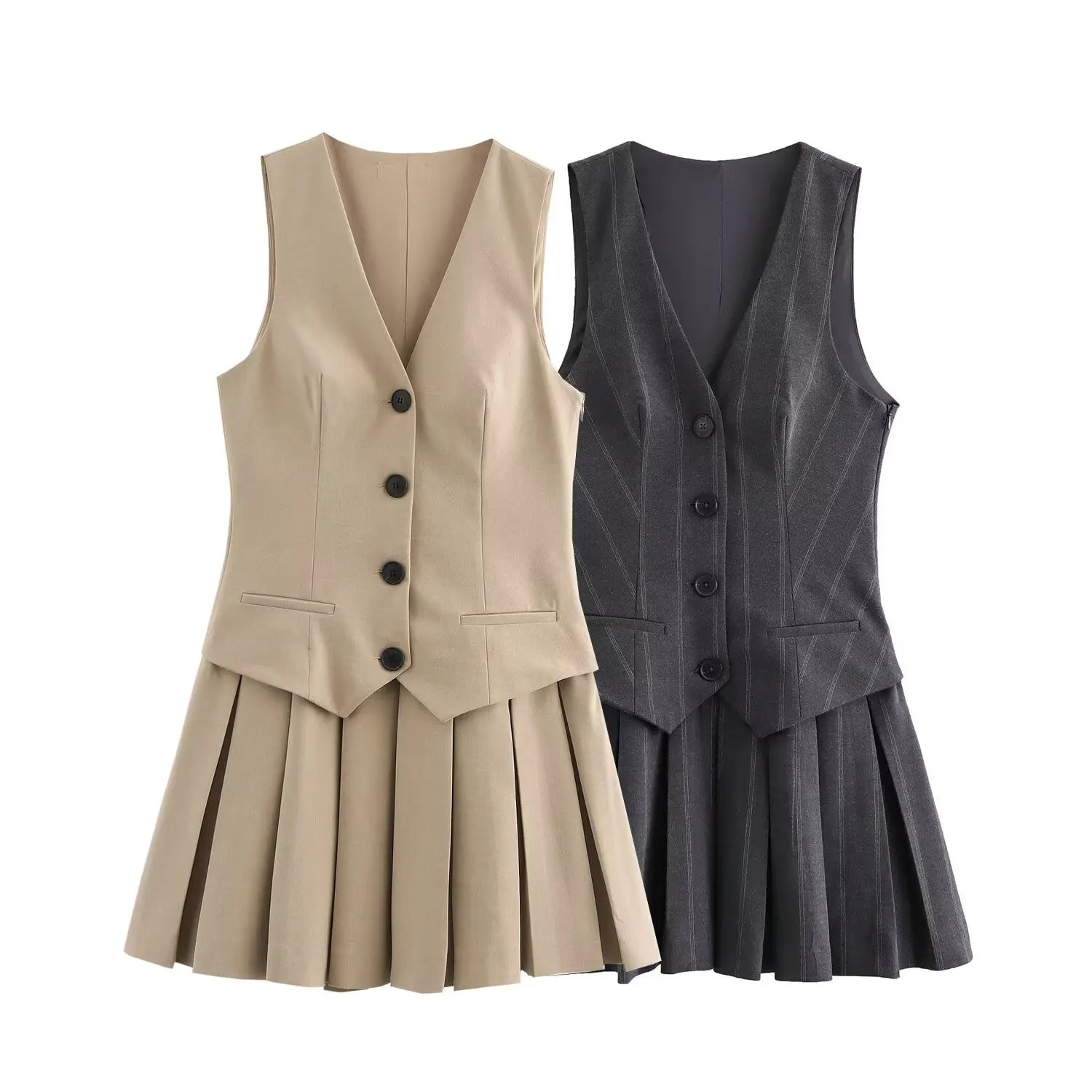 Elegant Sleeveless Pleated Dress With Vest Style Chic