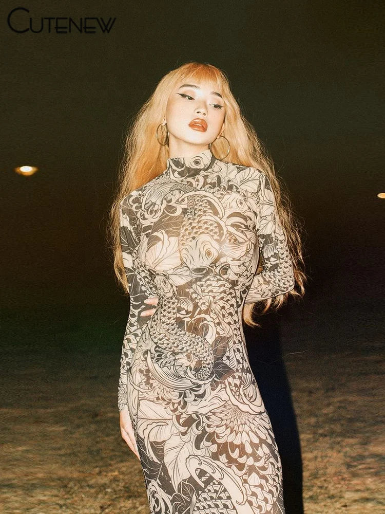 Elegant Long Sleeve Printed Maxi Dress With O Neck