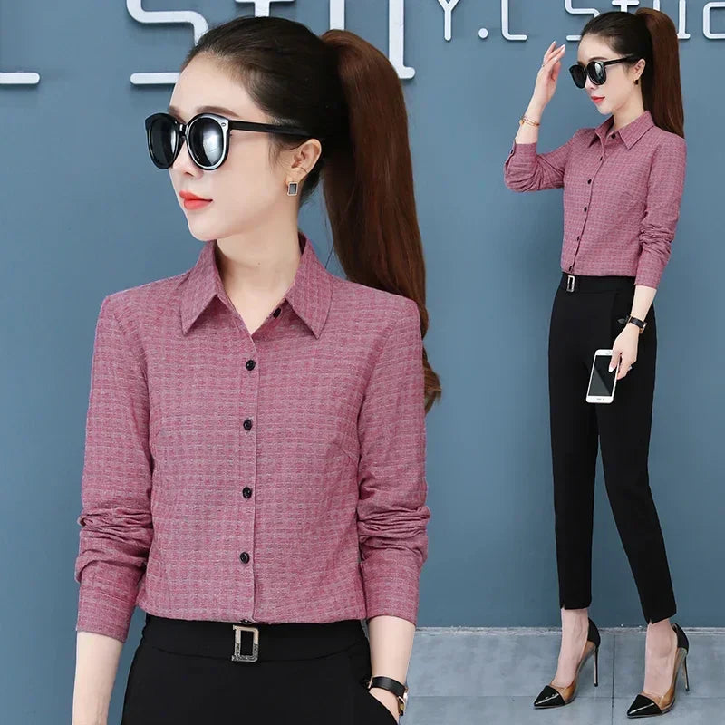 Women's Long Sleeve Slimming Cotton Shirt with Flip Collar Casual Versatile Top for Spring and Autumn Fashion
