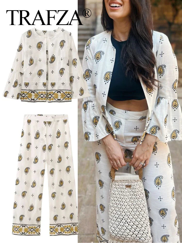 Vintage Women Embroidered Cardigan Coat and Wide Leg Trousers 2 Piece Outfit Set