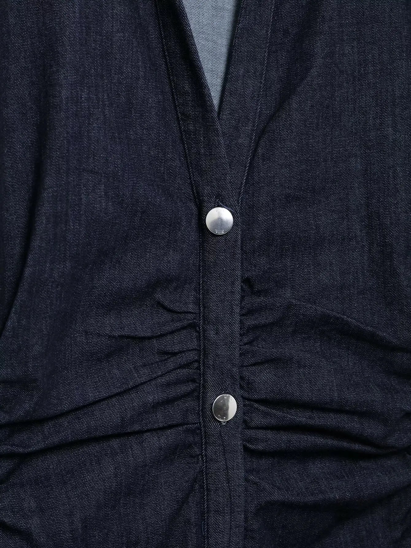 Navy Blue Pleated Denim Midi Dress for Women Short Sleeves