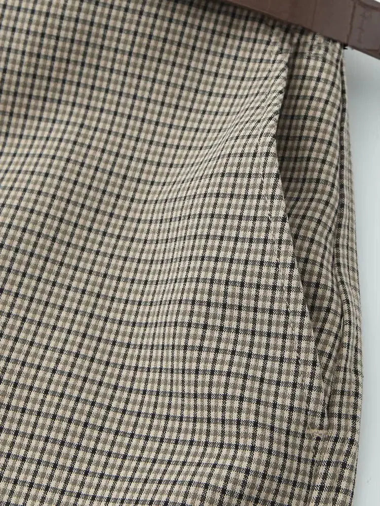 Women's Fashion Button-Up Check Waistcoat With High Waist Belted Straight Pants Two Piece Set