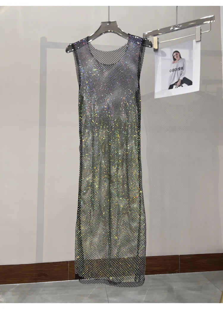 Rhinestone Mesh Midi Dress for Sexy Party and Clubwear