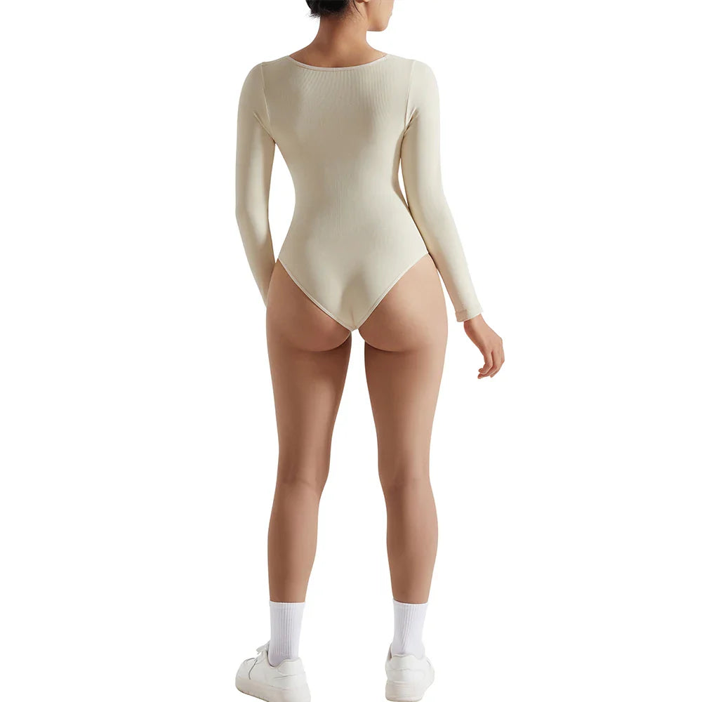 Sexy Long Sleeve Bodysuit for Women Skinny Bodycon V-Neck Push Up Romper Streetwear Jumpsuit