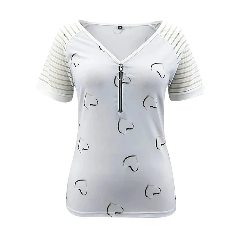 Womens Casual Zipper Short Sleeve V Neck Loose T Shirt