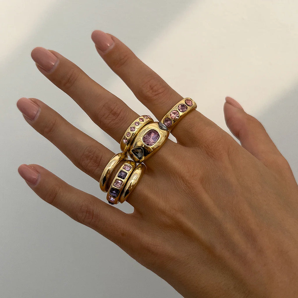 Adjustable Purple Zircon Inlaid Gold Color Ring Set for Women - 6 Piece Fashion Jewelry Collection