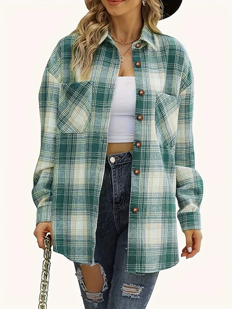 Women's Lightweight Flannel Plaid Shirt Jacket with Straw Buttons Soft Polyester Material Top for Spring and Summer