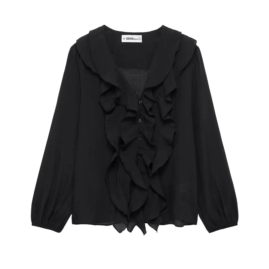 Laminated V Neck Long Sleeve Casual Shirt for Women with Versatile Temperament and Elegant Fit