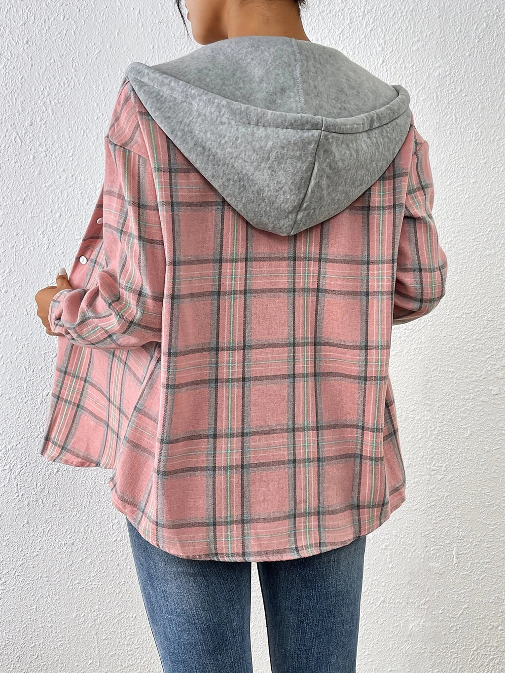 Women's Spring Autumn Hooded Plaid Shirt Loose Fit Casual Blouse Long Sleeve Office Top