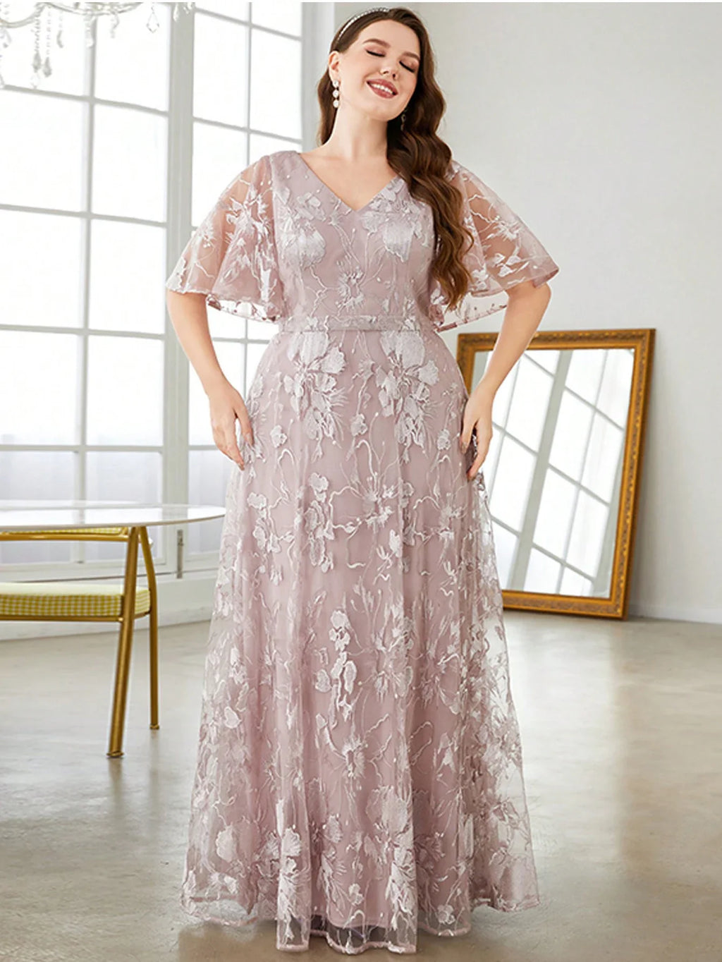 V Neck Lace Embroidered Dress With Large Flared Sleeves