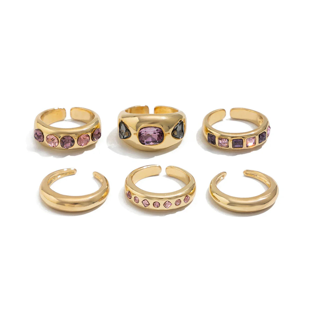 Adjustable Purple Zircon Inlaid Gold Color Ring Set for Women - 6 Piece Fashion Jewelry Collection