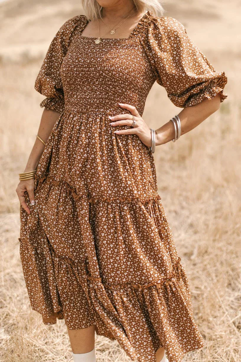 Floral Print Maxi Dress For Women Blue Half Sleeve Summer