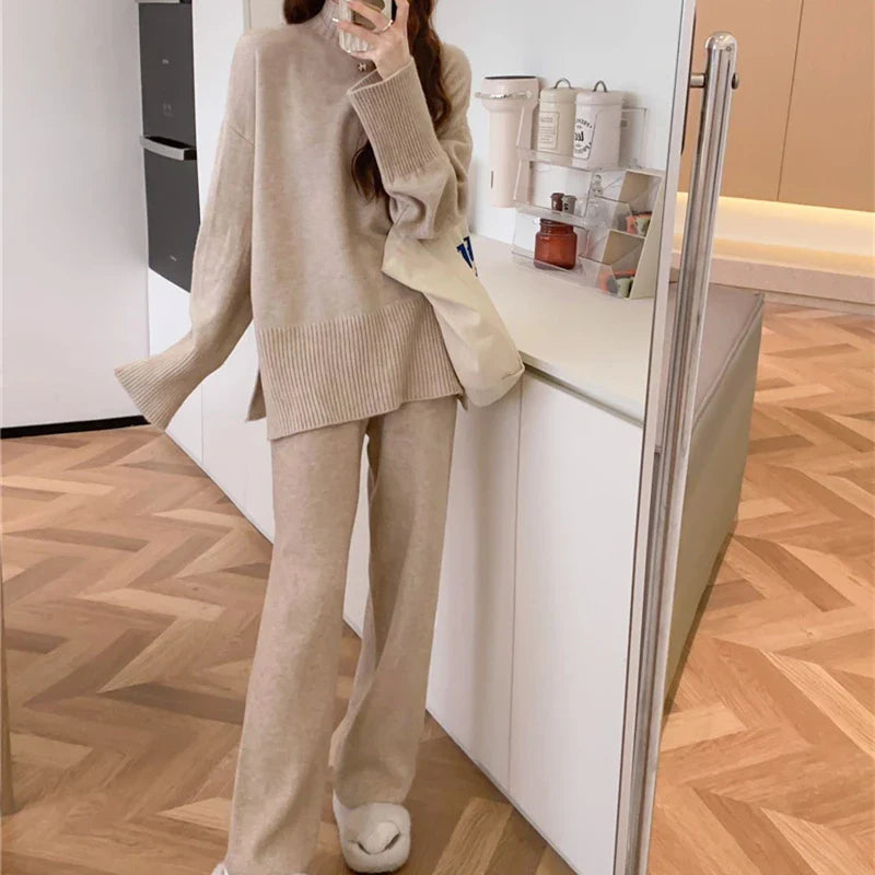 Cozy Split Knit Sweater and Casual Pants Two-Piece Set for Women Soft Solid Color Autumn Winter Outfit