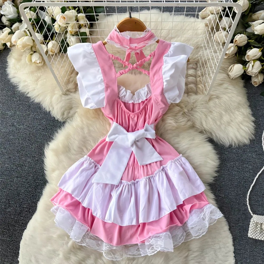 Lolita Maid Dress Short Summer Patchwork Lace Costume