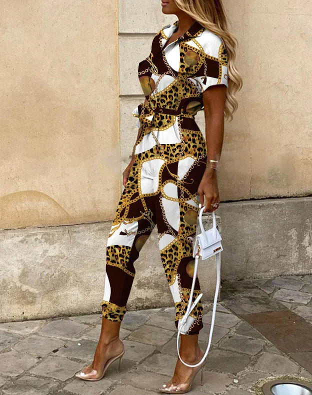 Summer Casual Women's Jumpsuit with Lapel Collar Printed Waistband and Stylish Buckle Detail