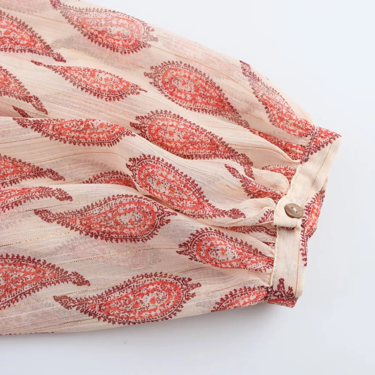 Womens Printed Shirt with Metallic Thread Ruffle Collar Drawstring Long Sleeve Single Breasted Chic Top