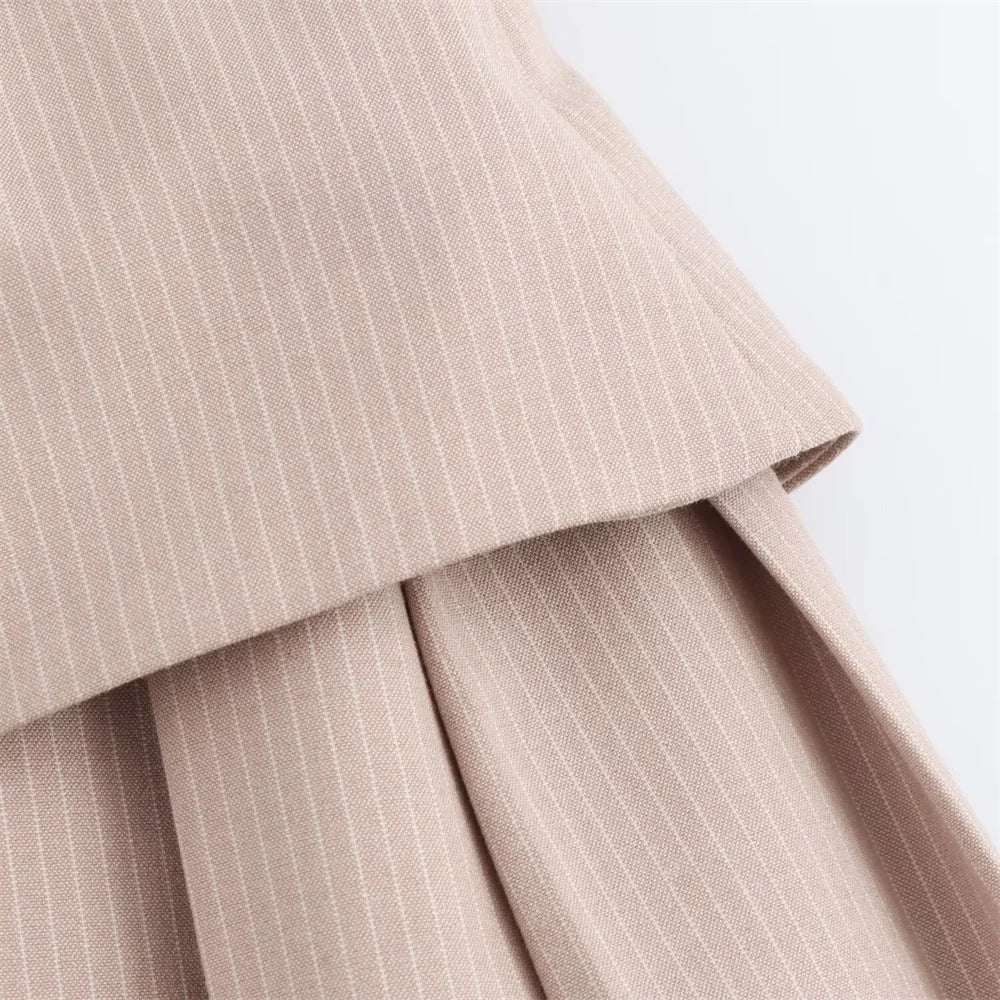 Striped Strapless Mini Dress With Folded Hem And Button