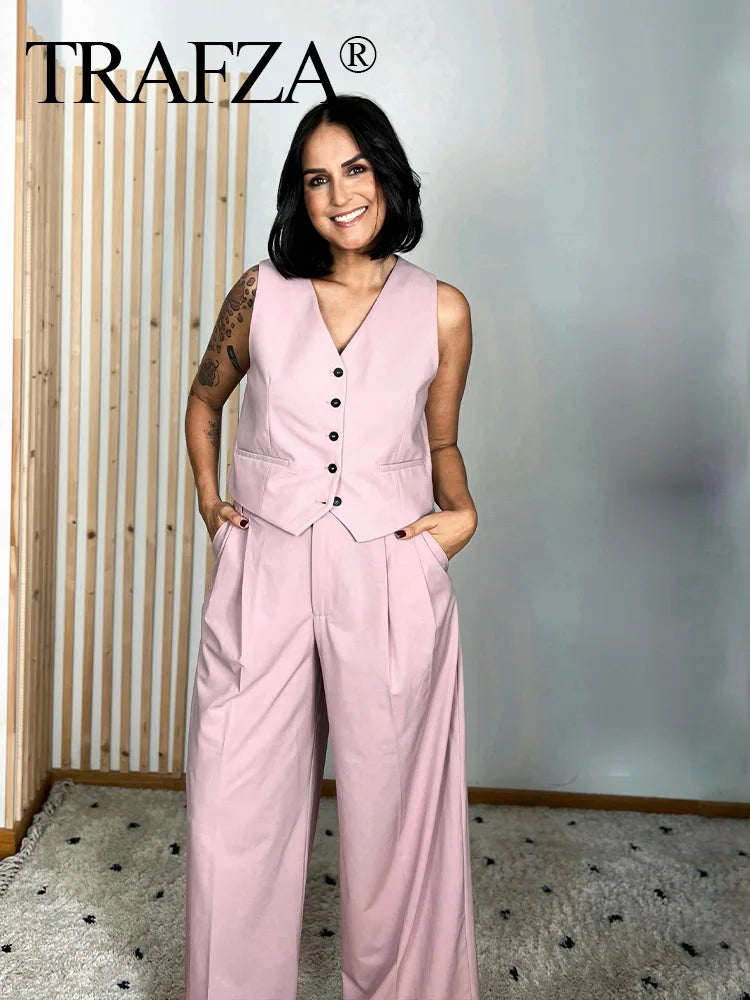 Solid Sleeveless V-Neck Vest and High Waist Zipper Loose Pants Set for Office and Casual Wear