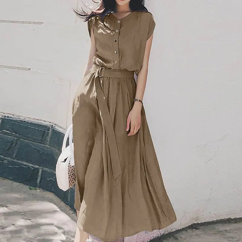 Women Belted Midi Sundress Short Sleeve Summer Dress