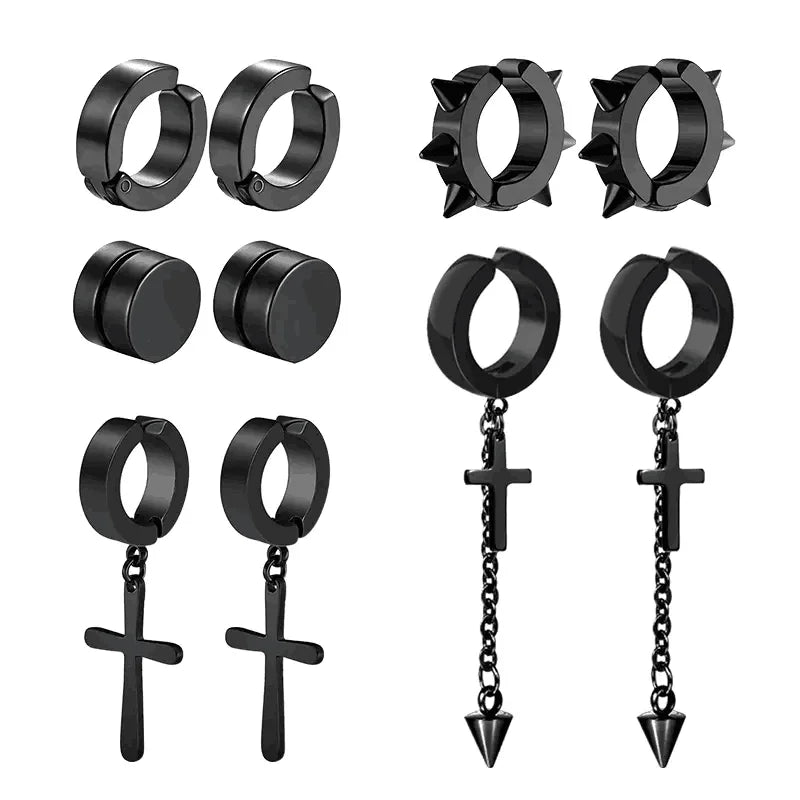 Men's Punk Cross Pendant Stainless Steel Magnetic Earrings Set - 5 Pairs Fashionable Earless Design