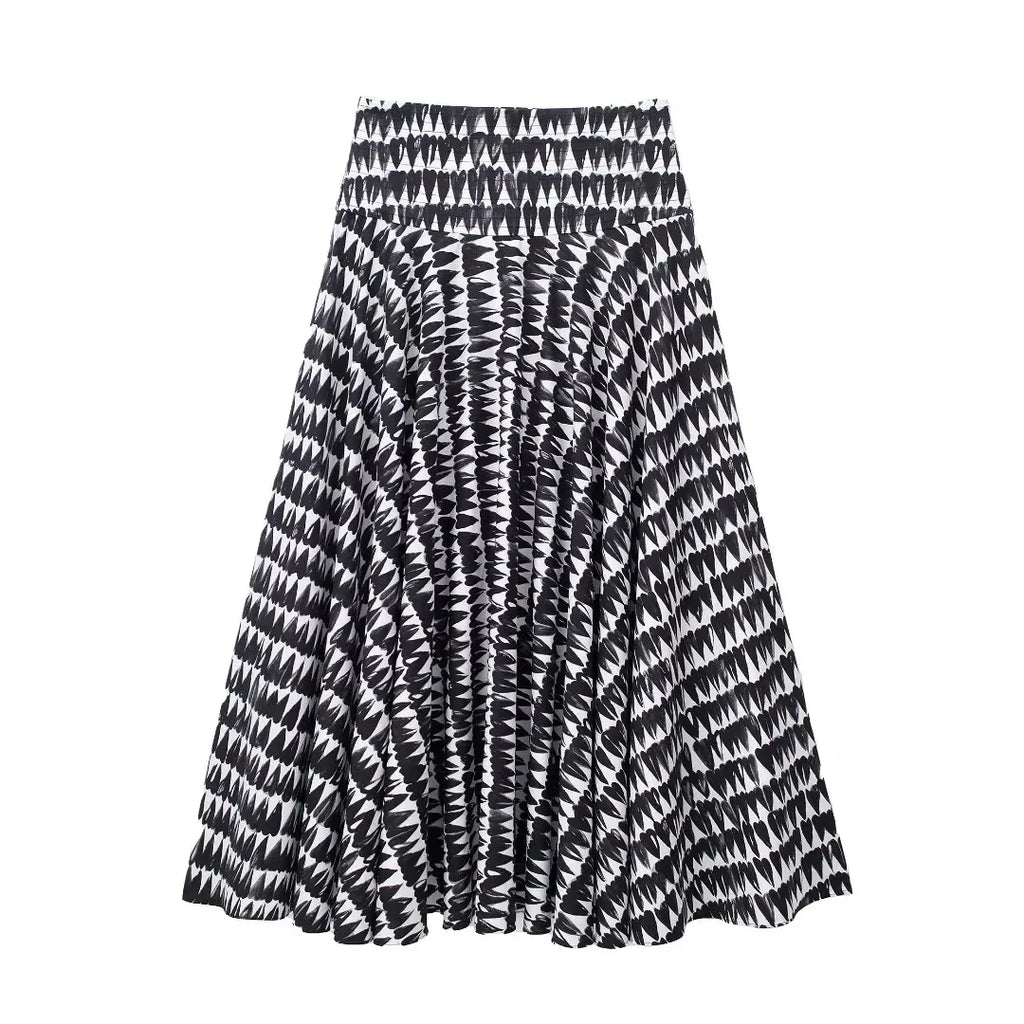 Women's Fashion Print Set Sexy Backless Sleeveless Slim Lace-Up Corset Crop Top with Elegant A-Line Pleated Midi Skirt