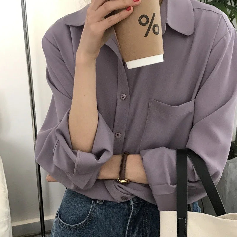 Vintage Inspired Long Sleeve Blouse for Women Loose Fit Casual White Shirt Elegant Solid Color Tops Perfect for Everyday Wear