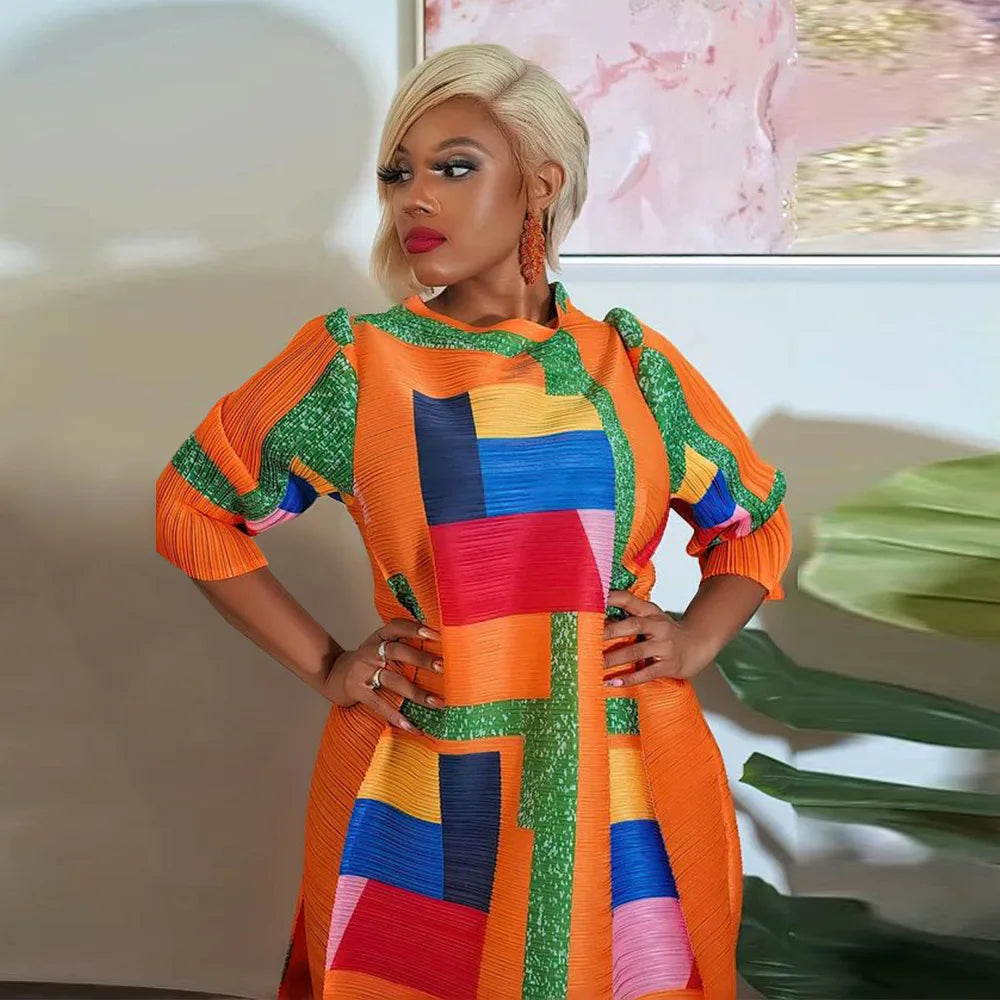 Leaf Print Pleated Boho Maxi Dress for Women Casual Beach