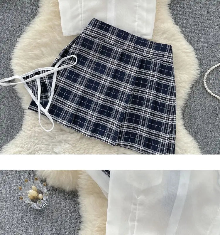 Sexy Preppy Style JK Set for Women Polo Neck See-Through Crop Top Plaid Pleated Short Skirt Student Cosplay Outfit