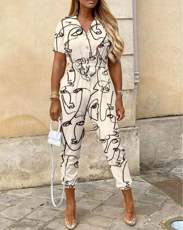 Summer Casual Women's Jumpsuit with Lapel Collar Printed Waistband and Stylish Buckle Detail