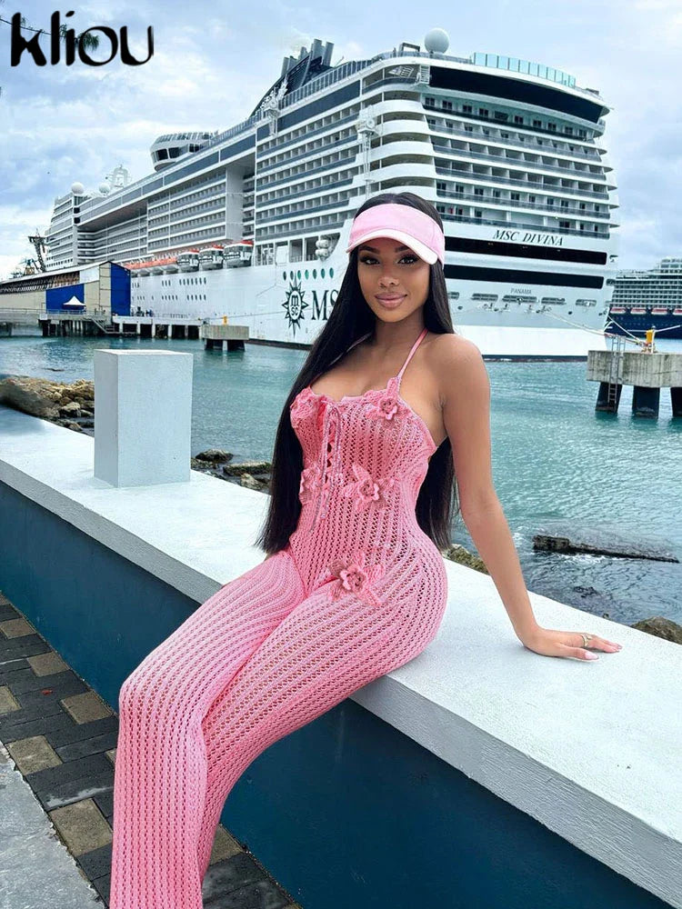 Knitted Floral Women Jumpsuit Sexy Pleated Halter Neck Bandage Low Back Skinny Overalls Trendy Solid Streetwear