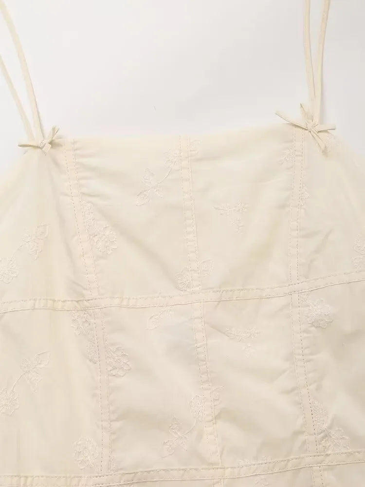 Floral Embroidery Bow Slip Mini Dress With Spaghetti Straps