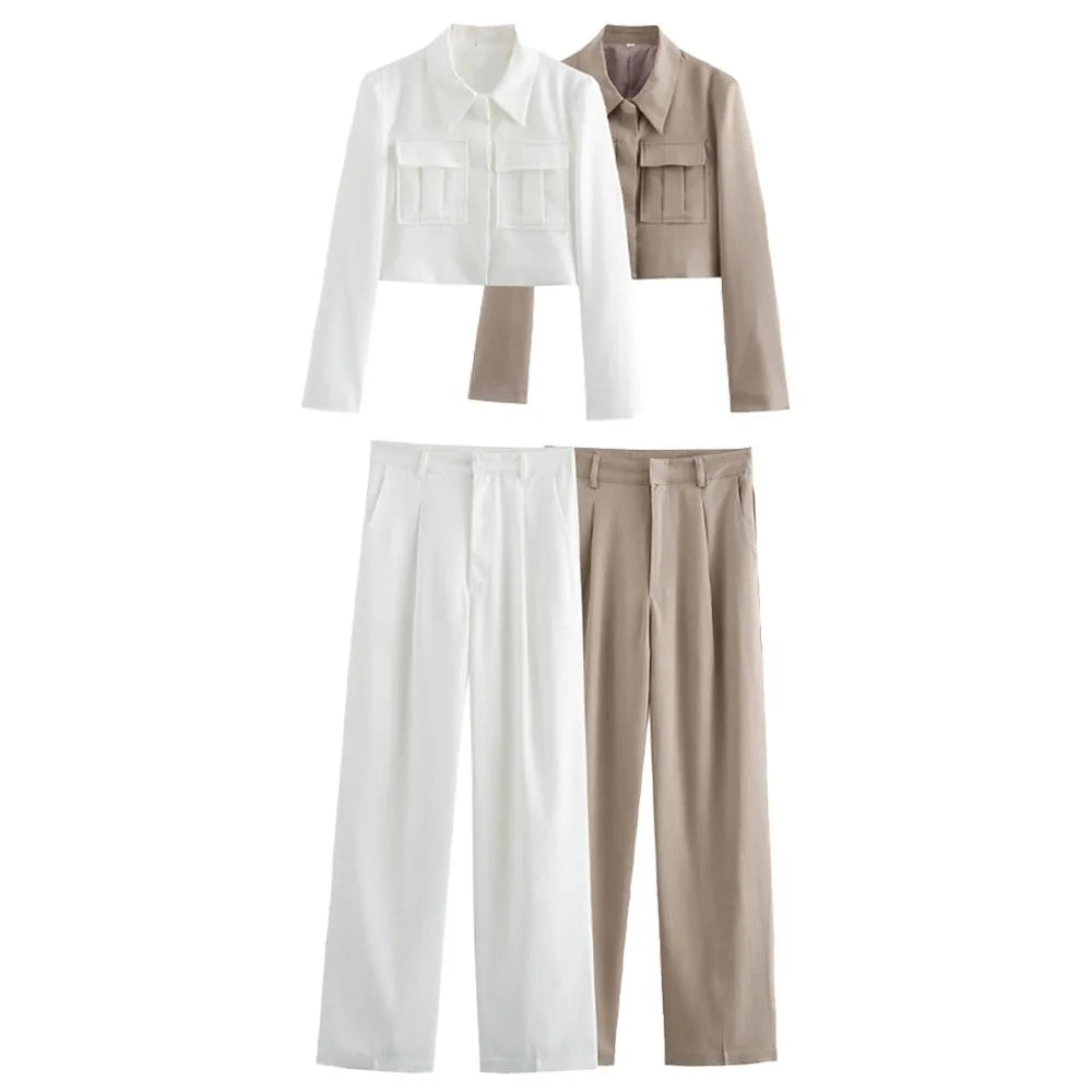 Women's Fashion Casual Double Pocket Coat and High Waist Wide Leg Pants Set