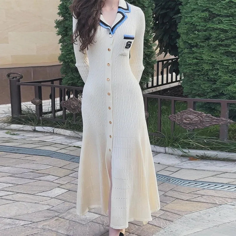 Knitted Sweater Dress With Embroidery Pocket Long Sleeve