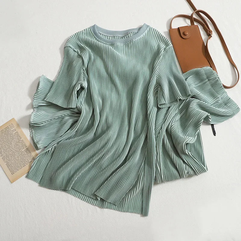 Elegant Summer Two Piece Set for Women Featuring Round Neck T-Shirt and High Waist Wide Leg Pants