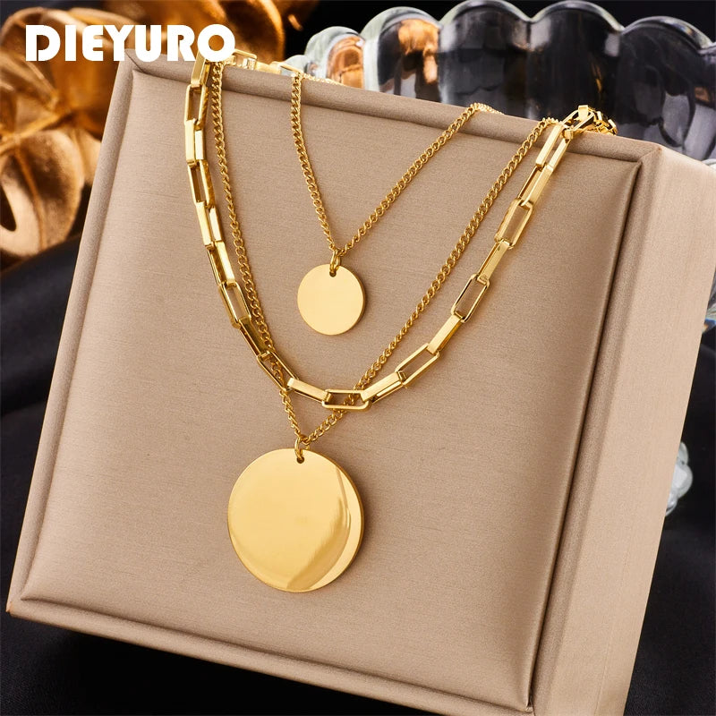 Gold Color 316L Stainless Steel 3in1 Round Pendant Necklace for Women with Multilayer Chain Design