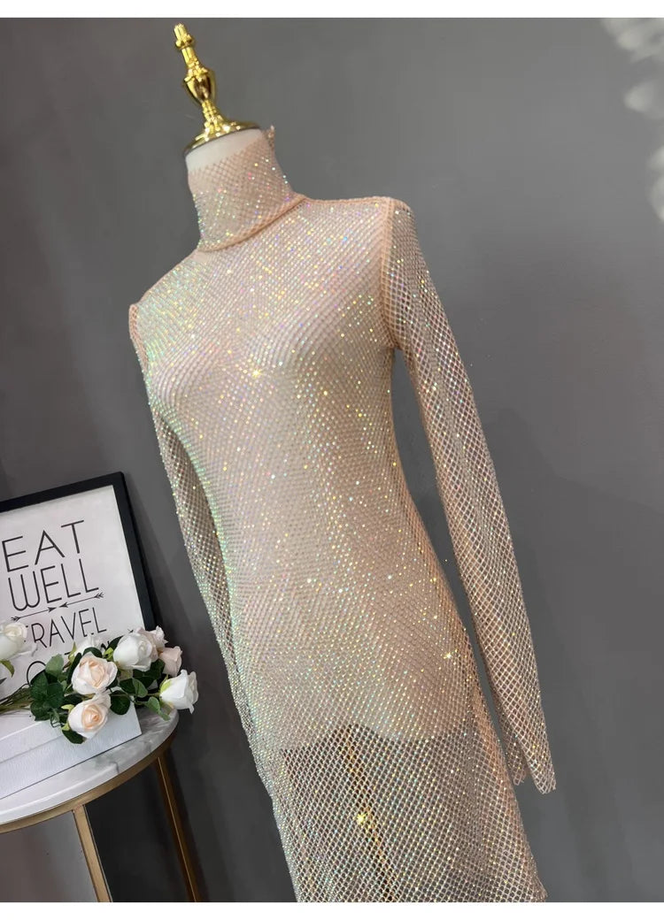 Rhinestone High Neck Glitter Party Dress Mid Length