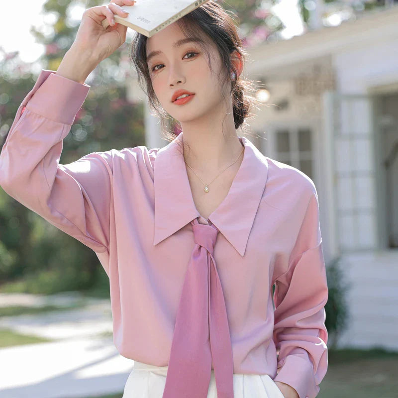 Soft Pink Long Sleeve Women's Shirt Elegant Casual Commuter Top with Gentle Feminine Style